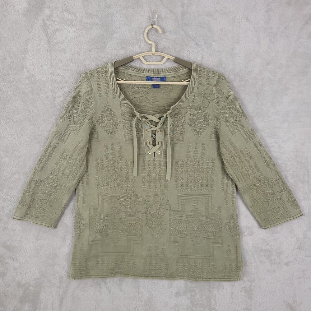 Tommy Bahama x Pendleton Top Large Leaf Green Aloha Harding Lace Up Embroidered